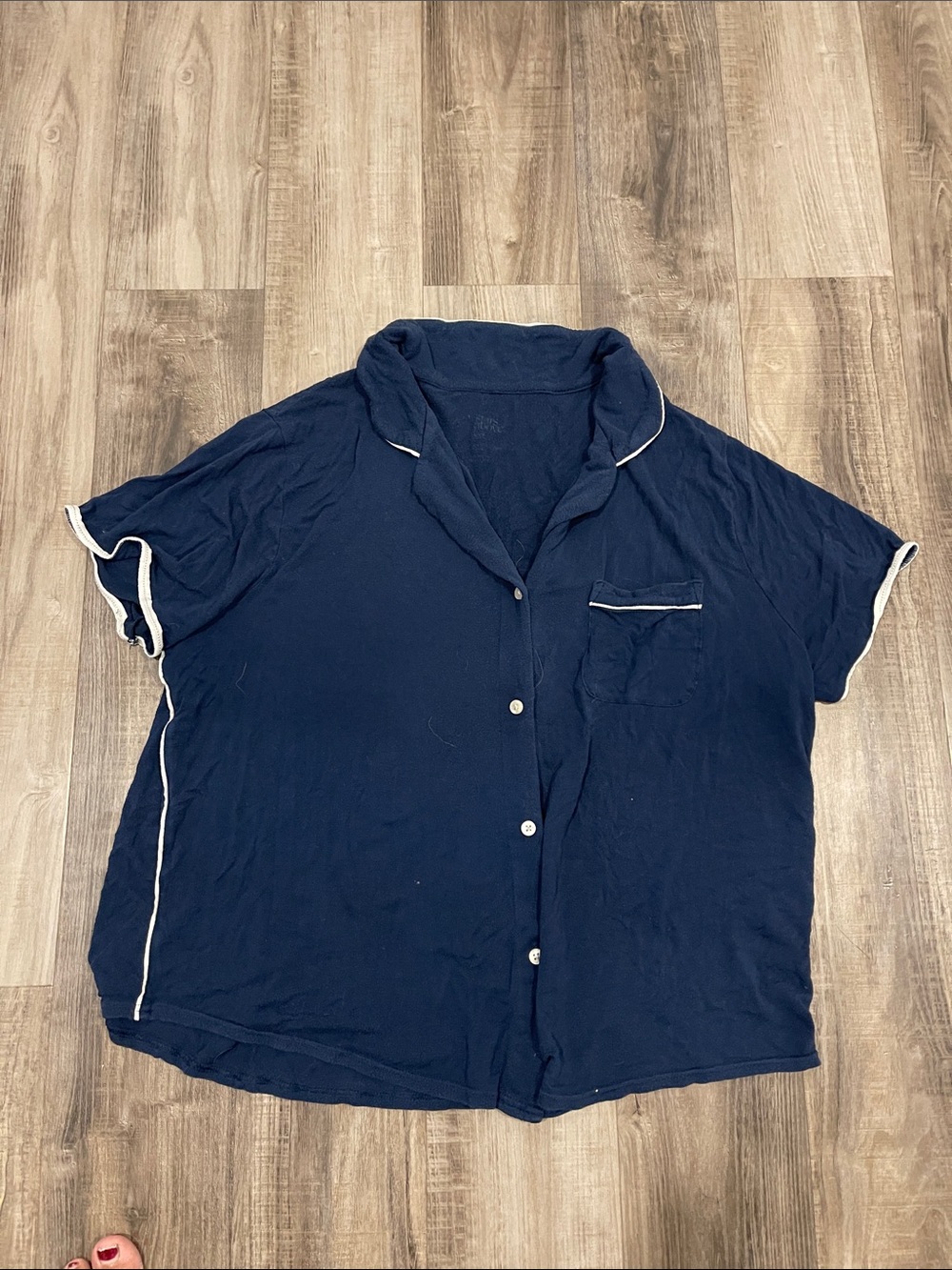 Navy Short-Sleeve Button Front Pajama Top with Contrast Trim